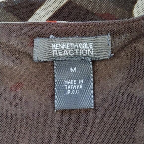 Kenneth Cole Reaction Brown Green Orange Floral Cinched Short Sleeve Sheer Shirt - Picture 5 of 12